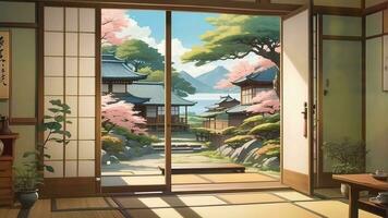 AI generated Japanese house room with beautiful nature view with open door. Seamless looping time-lapse virtual video animation background