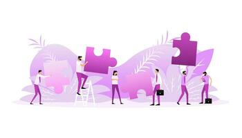 Hands putting puzzle pieces. Teamwork concept. Vector illustration.