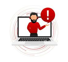 Smartphone with danger sign with man on screen on red background. Vector illustration