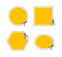 Scissors in paper cut style on black background. Scissors cut different shapes. Vector illustration.