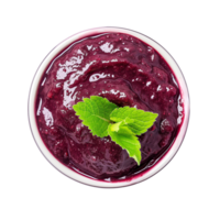 AI generated A bowl of acai berry smoothie garnished with a mint leaf top view isolated on a transparent background png