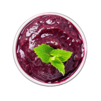 ai généré une bol de acai baie smoothie garni avec une menthe feuille Haut vue isolé sur une transparent Contexte png