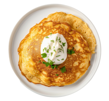 AI generated A plate of chickpea pancake with a dollop of cashew sour cream top view isolated on a transparent background png