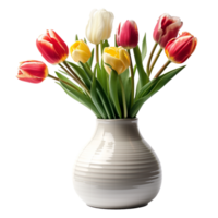 ai generiert ein Keramik Vase mit frisch Tulpen isoliert auf ein transparent Hintergrund png