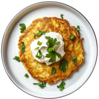 AI generated A plate of chickpea pancake with a dollop of cashew sour cream top view isolated on a transparent background png