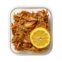 AI generated A container of jackfruit pulled pork substitute with a slice of lemon top view isolated on a transparent background png