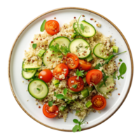 ai gegenereerd een bord van quinoa salade met gesneden komkommer en kers tomaten top visie geïsoleerd Aan een transparant achtergrond png