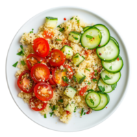ai généré une assiette de quinoa salade avec tranché concombre et Cerise tomates Haut vue isolé sur une transparent Contexte png