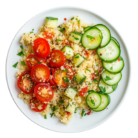 ai generato un' piatto di quinoa insalata con affettato cetriolo e ciliegia pomodori superiore Visualizza isolato su un' trasparente sfondo png