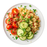 ai gegenereerd een bord van quinoa salade met gesneden komkommer en kers tomaten top visie geïsoleerd Aan een transparant achtergrond png