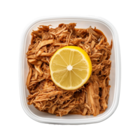 ai generiert ein Container von Jackfrucht gezogen Schweinefleisch Ersatz mit ein Scheibe von Zitrone oben Aussicht isoliert auf ein transparent Hintergrund png