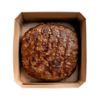 ai généré une boîte de plante basé Viande alternative Burger petit pâté Haut vue isolé sur une transparent Contexte png