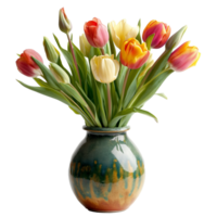 ai gegenereerd een keramisch vaas met vers tulpen geïsoleerd Aan een transparant achtergrond png