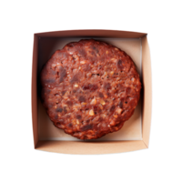 ai generiert ein Box von Pflanze basierend Fleisch Alternative Burger Pastetchen oben Aussicht isoliert auf ein transparent Hintergrund png