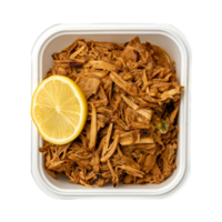 AI generated A container of jackfruit pulled pork substitute with a slice of lemon top view isolated on a transparent background png