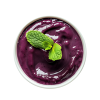 AI generated A bowl of acai berry smoothie garnished with a mint leaf top view isolated on a transparent background png