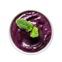 ai generiert ein Schüssel von acai Beere Smoothie garniert mit ein Minze Blatt oben Aussicht isoliert auf ein transparent Hintergrund png