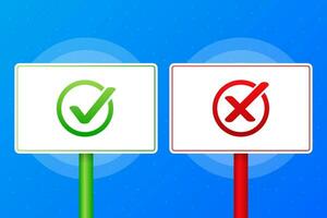 Yes or no sign realistic red and green table on blue background. Vector illustration.