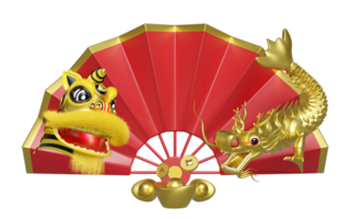 3d fan with lion dance head, dragon, chinese gold ingot, coin for festive chinese new year holiday. 3d render illustration png