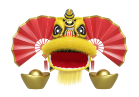 3d yellow lion dance head with fan, chinese gold ingot for festive chinese new year holiday. 3d render illustration png