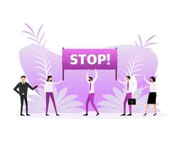 People holding a poster with text Stop. Vector illustration.