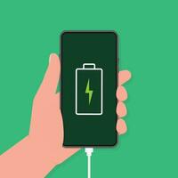 Discharged charged battery smartphone - vector infographic. Isolated on green background.