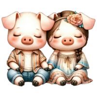 AI generated Watercolor Cute Lovely Couple Pig Clipart AI Generative png