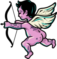 Flying baby cupid angel with bow, tattoo and wings for the Valentines love day. Colored vector illustration png