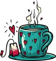Cup of tea with hearts bag for the Valentines Day card. Colored vector illustration png