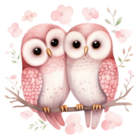 ai generado kawaii amor búho pareja, enamorado acuarela clipart png