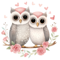 AI generated Kawaii Love Owl Couple, Valentine Watercolor Clipart png