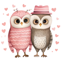 ai generado kawaii amor búho pareja, enamorado acuarela clipart png