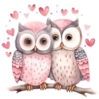 ai generado kawaii amor búho pareja, enamorado acuarela clipart png