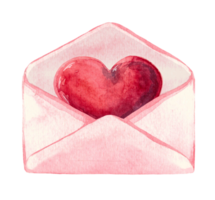 Opened postal envelope with red heart inside, symbol of romance. Hand Drawn watercolor on transparent background, elegant element for design, greeting cards, wedding invitations. Valentines day png
