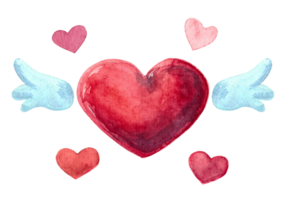 Red heart with wings surrounded by little hearts in watercolor style. For valentine's day, wedding or other holiday. Hand drawn illustration isolated on transparent background png