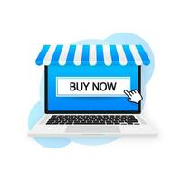 Icon with blue buy now 3D button on white background for web marketing design. Social media element. Vector illustration