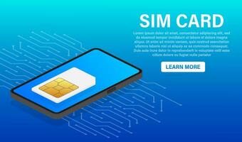Sim Card Chip on blue background. Vector template. Communication icon symbol.