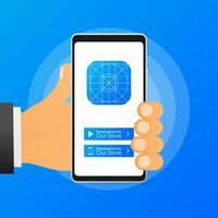 Hand holds phone with download new app in store on blue background. Vector illustration.