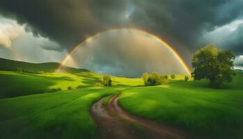AI generated rainbow over green field with dirt road photo