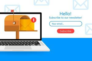 Mailbox with a letter inside in a flat style on a yellow background. Subscribe to our newsletter. Vector illustration.