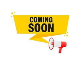 Coming soon megaphone yellow banner in 3D style on white background. Vector illustration.