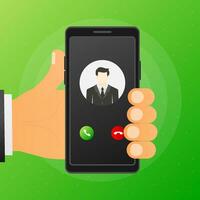 Hand holds phone with call Incoming video call on screen on green background. Vector illustration.