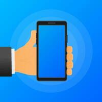 Hand holds phone with blue screen. Phone on blue background. Vector illustration.
