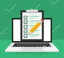 Check List laptop on green background. Checkmark sign. Vector illustration.