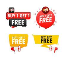 Megaphone label set with text Buy 1 get 1 free. Buy 1 get 1 free announcement banner vector