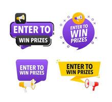 Megaphone label set with text Enter to win prizes. Enter to win prizes announcement banner vector