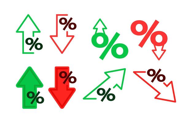 Percentage with arrow up and down. Percentage growth, interest rate. Banking and credit