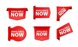 Red ribbon with text available now. Banner ribbon label available now vector
