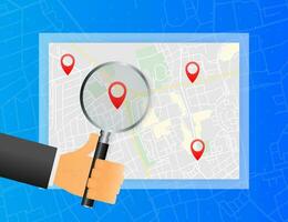 Hand holds magnifying glass in searching markers on maps on blue background. Vector illustration.