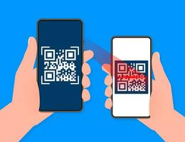 mano sostiene teléfono con escanear qr código a pagar en pantalla. teléfono en azul antecedentes. vector ilustración.